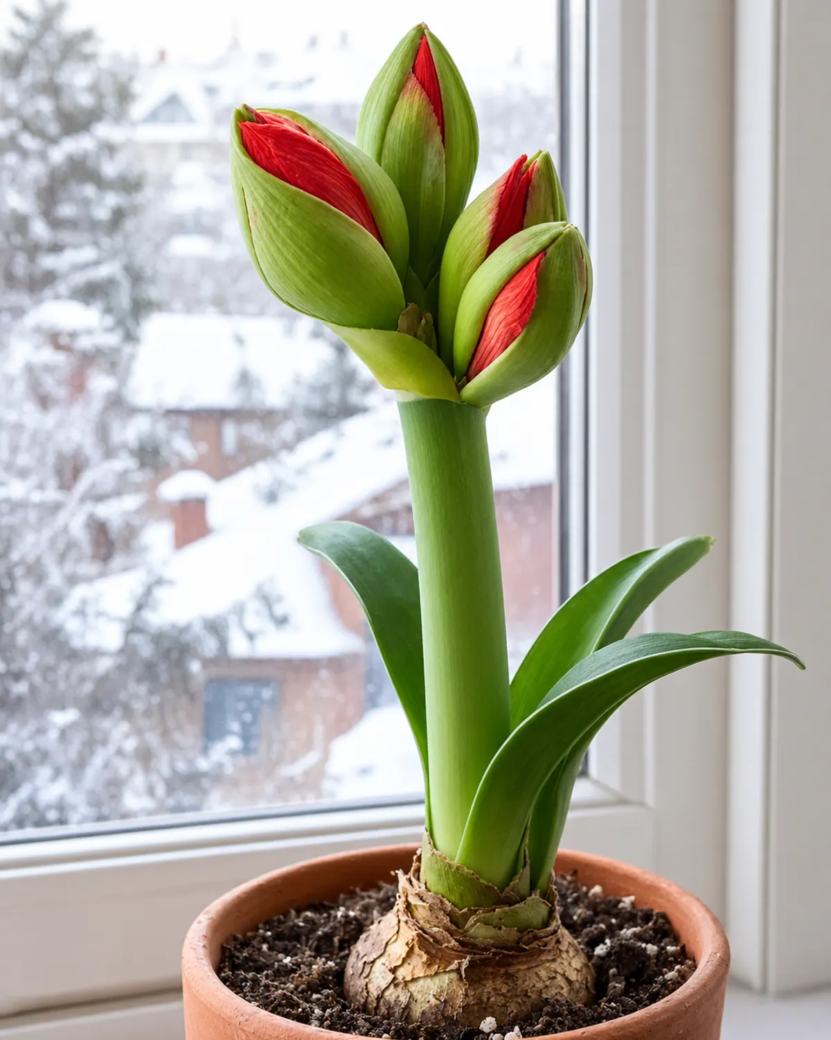 Amaryllis bud cluster splitting open at the top of a green stalk with deep red color showing