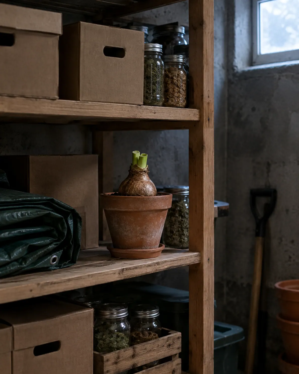 Resting amaryllis bulb with its leaves trimmed to stubs in a terracotta pot on a shelf in a cool, dim basement storage area
