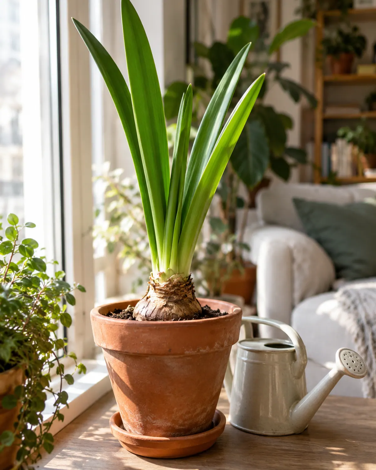 Amaryllis care after bloom: long green strap leaves growing from the bulb in a terracotta pot on a sunny windowsill