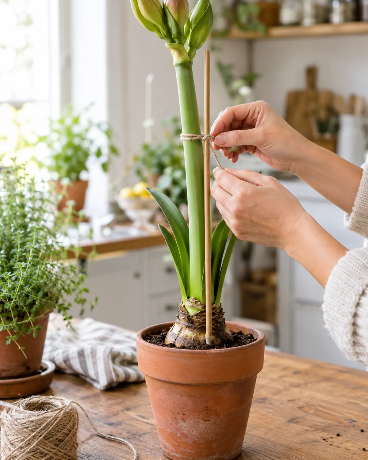 Hands tying a tall amaryllis flower stalk to a thin bamboo stake with soft twine in a terracotta pot