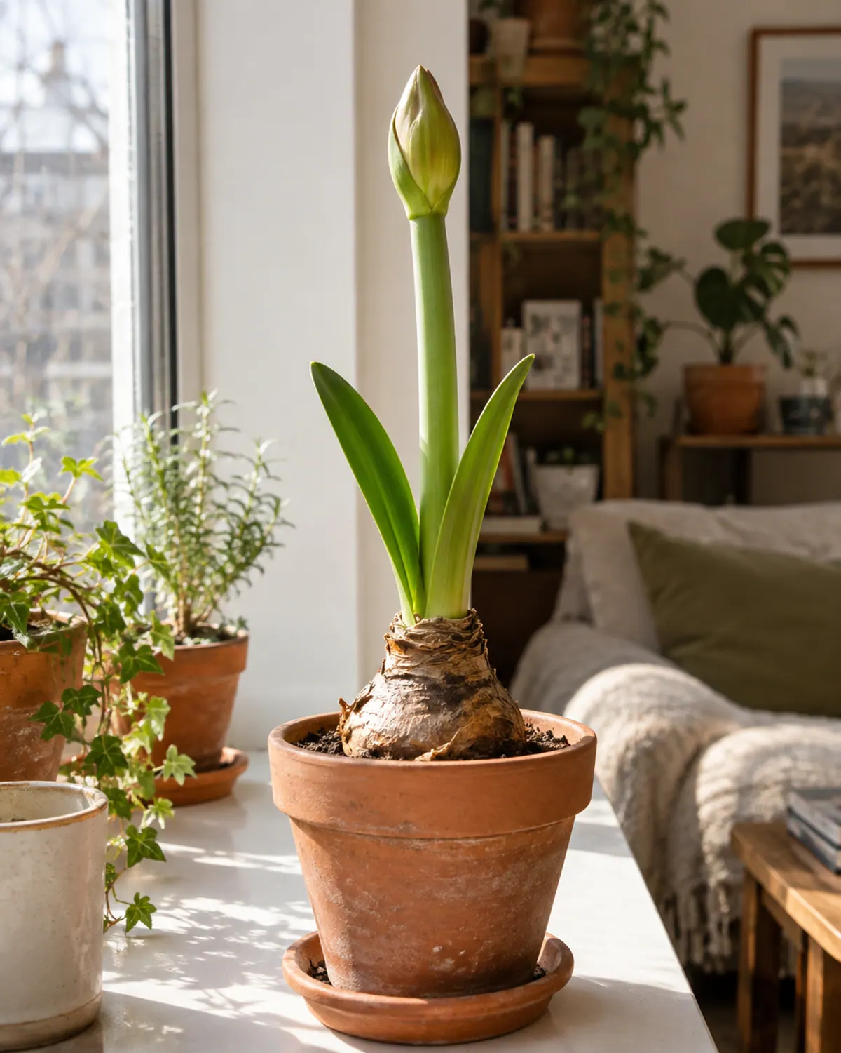 Amaryllis bulb with a thick green flower stalk and closed bud emerging in a terracotta pot on a sunny windowsill