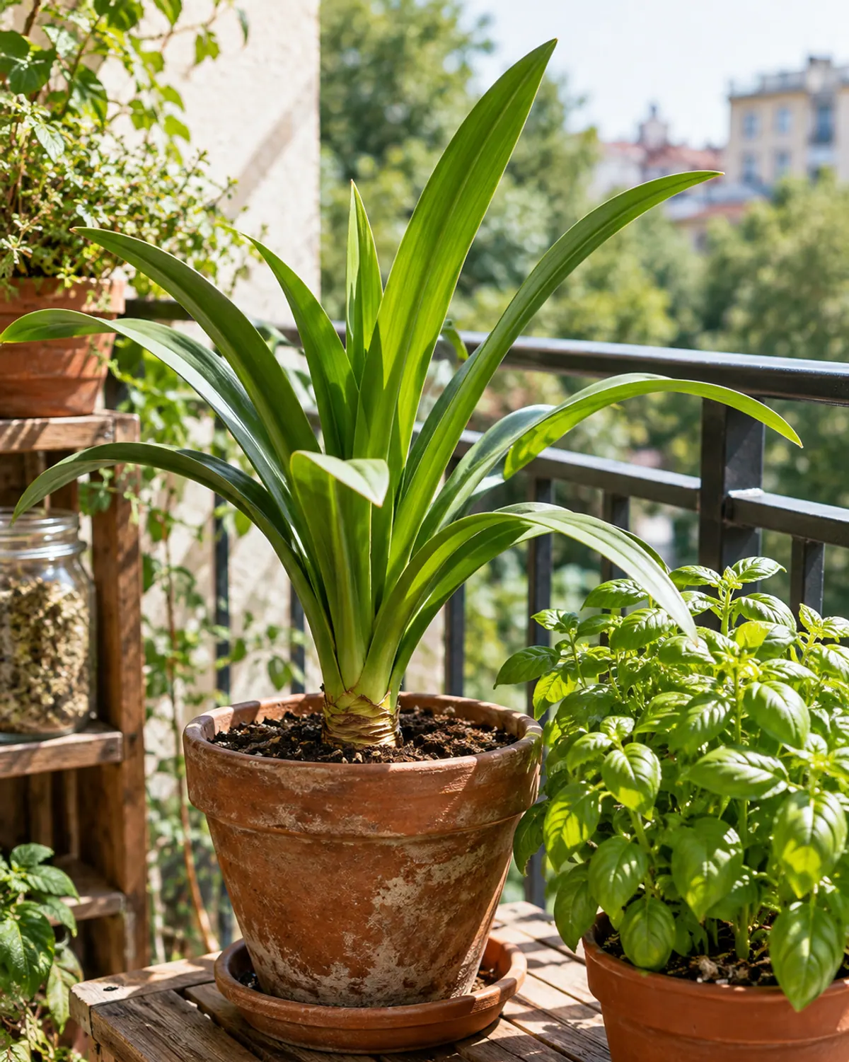 Potted amaryllis with long green leaves and no flowers on a small apartment balcony in summer beside a pot of basil