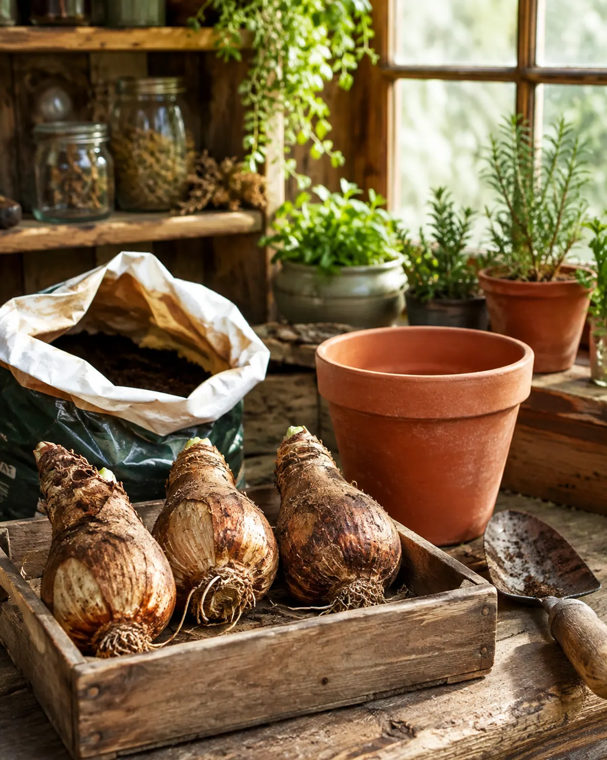 Three large, firm amaryllis bulbs with papery brown skins in a wooden crate on a potting bench beside a terracotta pot