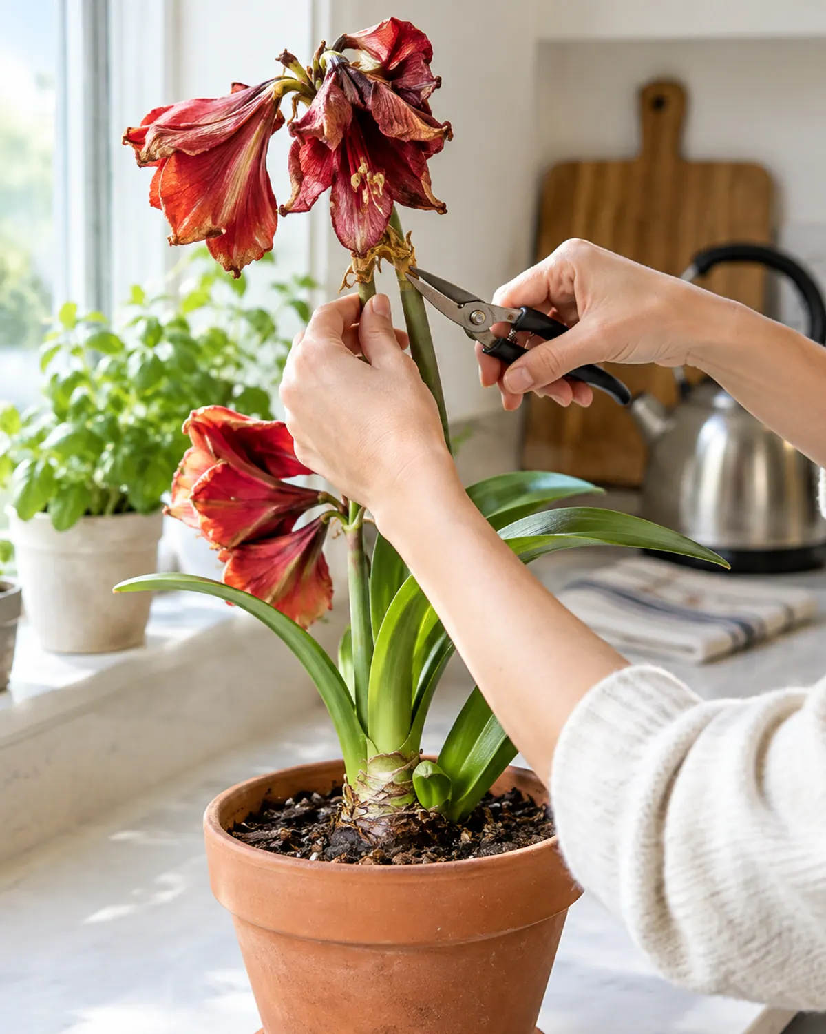 Hands snipping a faded red amaryllis flower off its stalk with small pruning snips