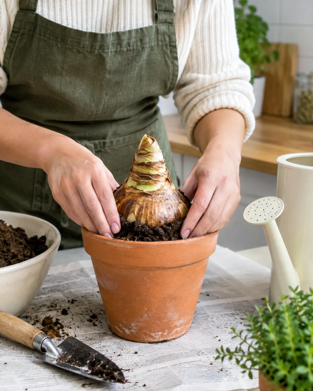 Hands firming potting mix around a large amaryllis bulb in a snug terracotta pot, with the top third of the bulb above the soil