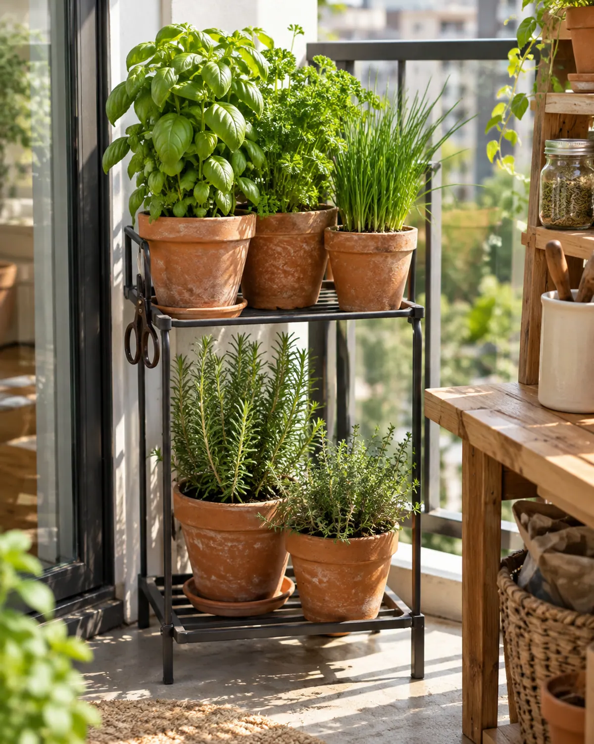 Apartment balcony herb corner beside a sliding glass door with a two-tier metal stand of basil, parsley, chives, rosemary and thyme