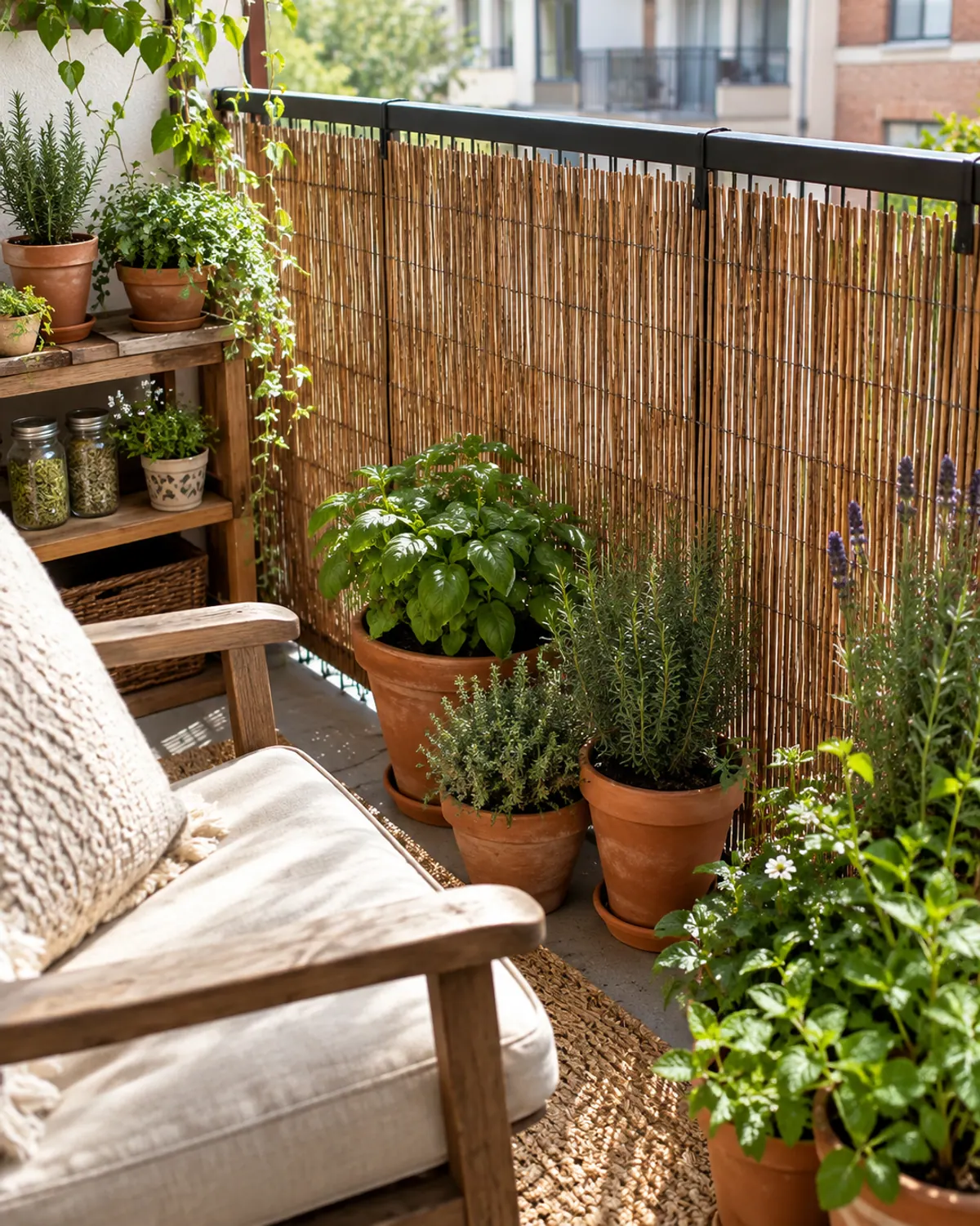 Natural reed privacy screen zip-tied to the inside of a metal apartment balcony railing with potted herbs and flowers in front of it