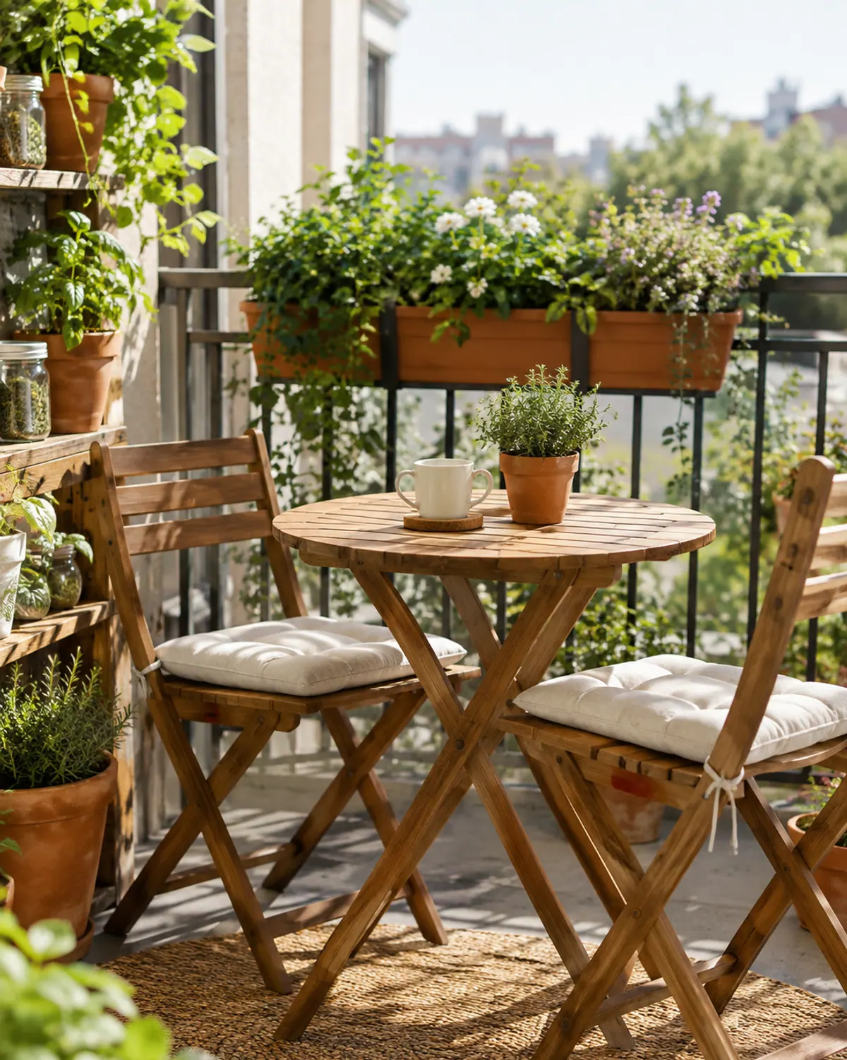 Folding wooden bistro table and two chairs on a narrow apartment balcony with a coffee cup, a pot of thyme and a railing planter behind