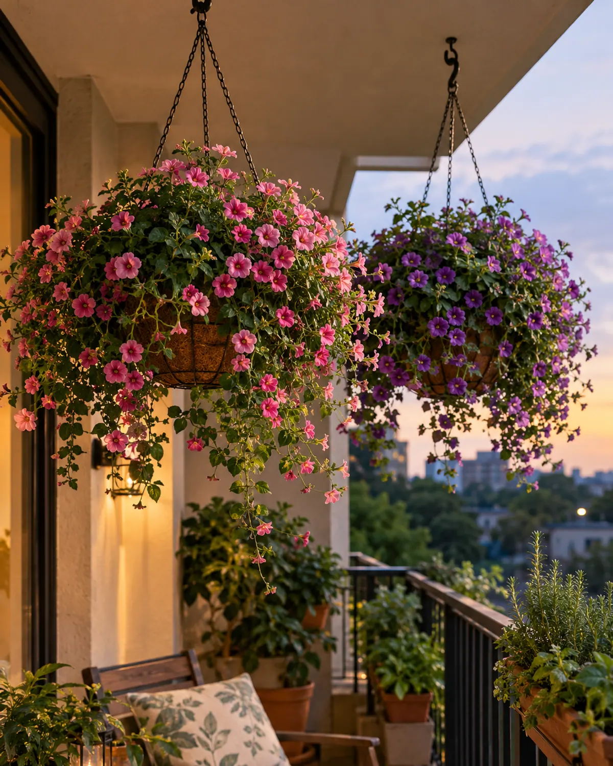 Two hanging baskets overflowing with pink and purple calibrachoa on a covered apartment balcony at dusk