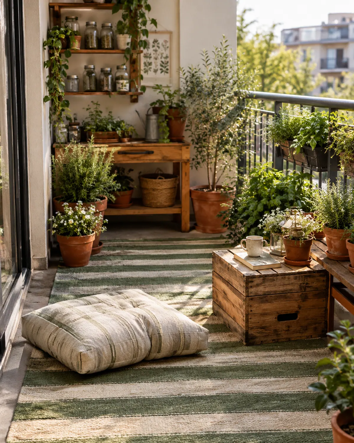 Striped green and cream outdoor rug on a small apartment balcony with a floor cushion, a crate side table and potted plants along the wall