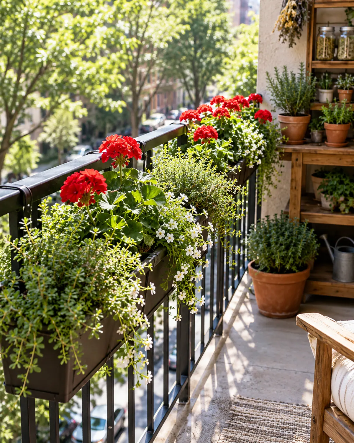 Small balcony ideas apartment plants: long planter boxes of red geraniums, white bacopa and thyme hooked on the inside of a black metal balcony railing