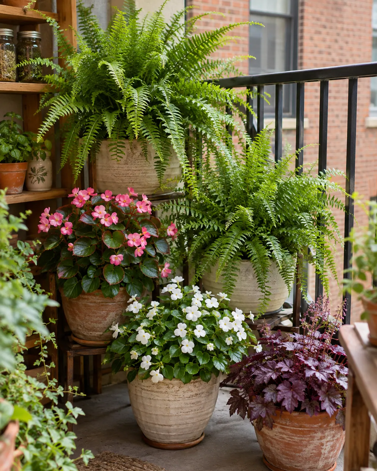 Shady small apartment balcony with potted Boston ferns, pink begonias, white impatiens and purple coral bells grouped against a brick wall