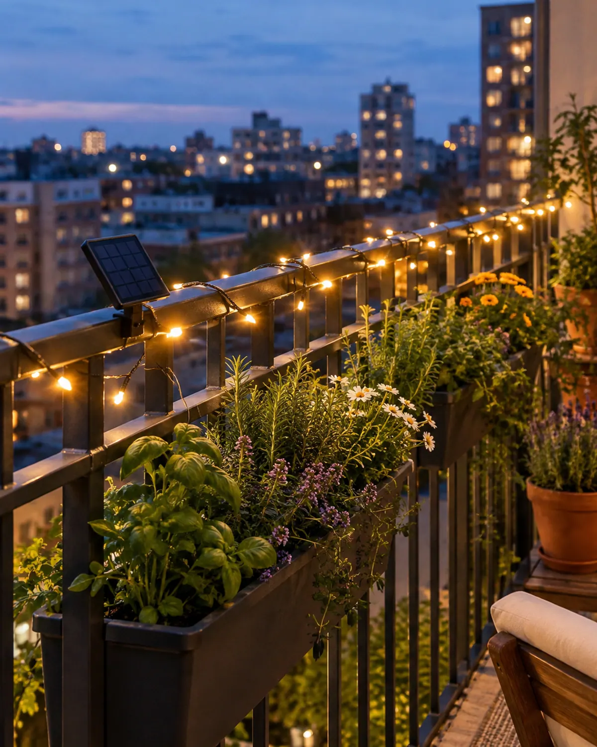 Warm white solar string lights wrapped along a metal balcony railing at dusk above railing planters of herbs and flowers, city lights behind