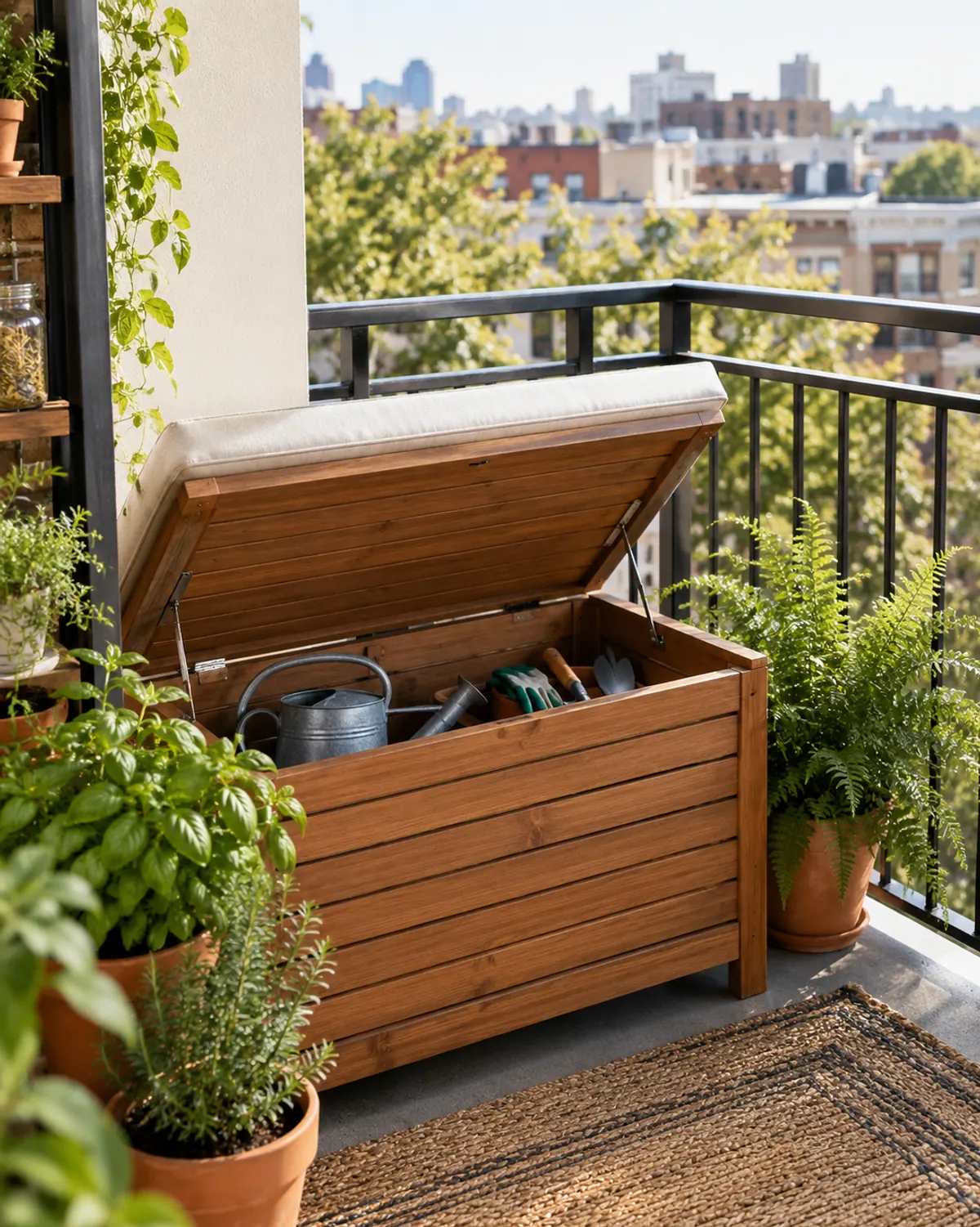 Wooden outdoor storage bench with its lid open showing a watering can and gloves in the corner of a sunny apartment balcony between potted herbs and a fern