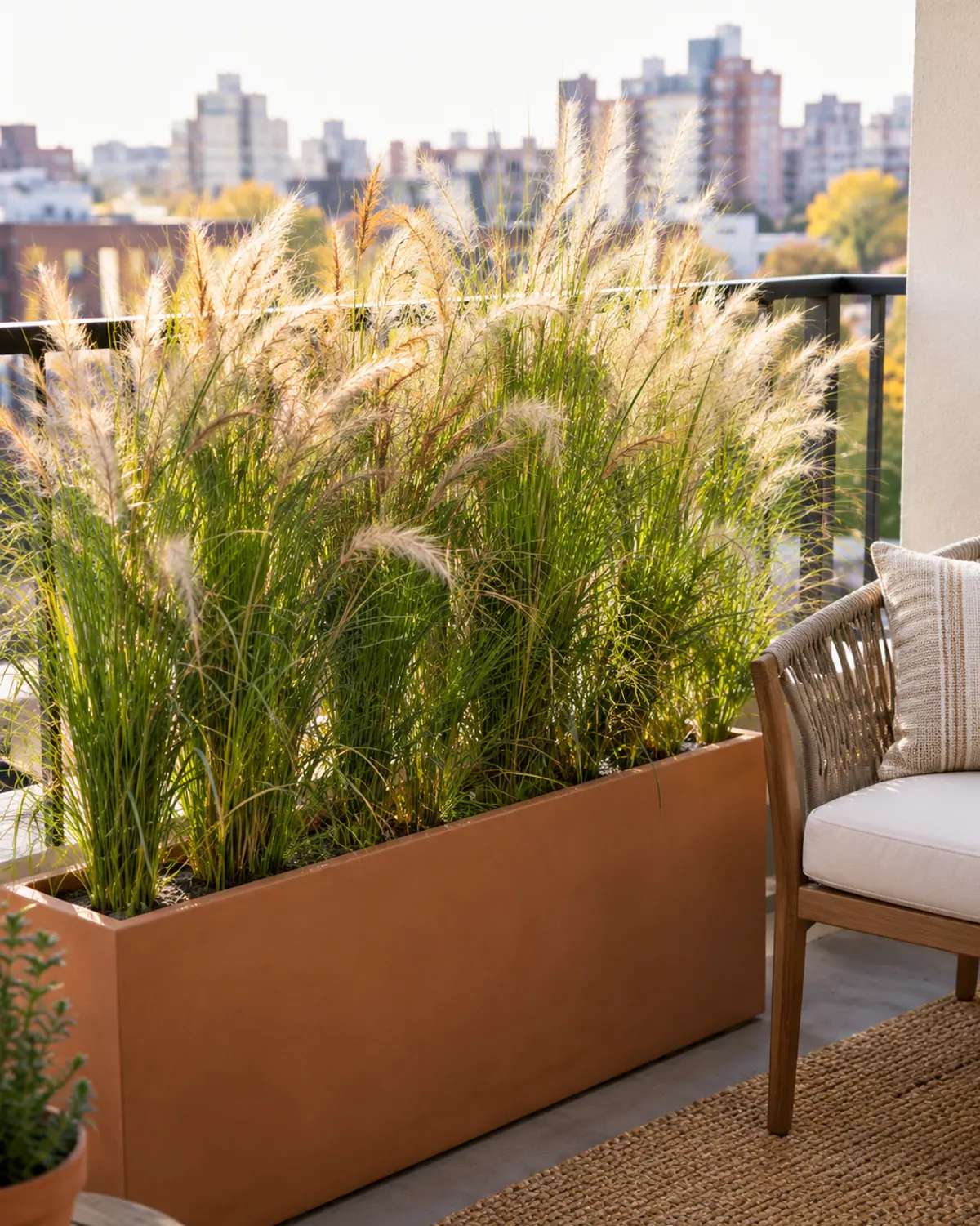 Long tall planter of ornamental grasses forming a soft privacy screen beside a chair on a small apartment balcony with a city view