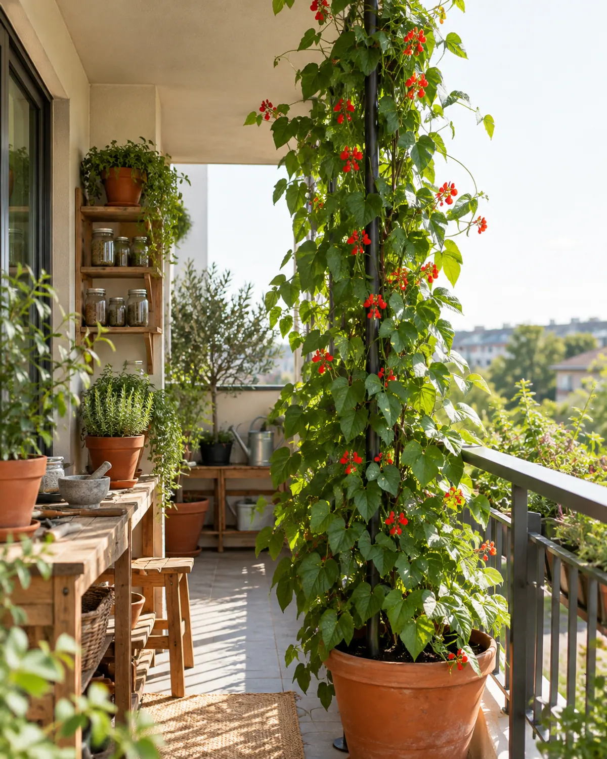 Floor-to-ceiling tension pole trellis on a covered apartment balcony with a scarlet runner bean vine in red flower climbing from a large terracotta pot