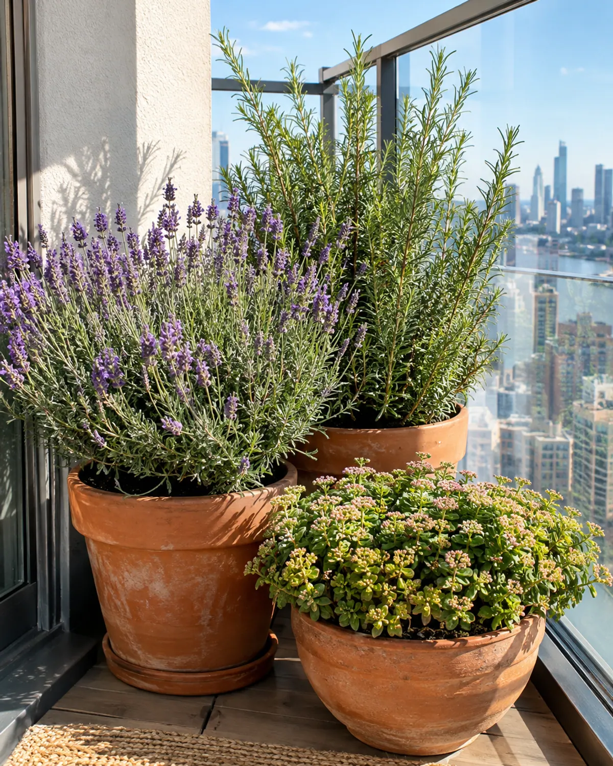 Heavy terracotta pots of lavender, upright rosemary and low sedum grouped in a sheltered corner of a windy high-rise balcony with glass railings
