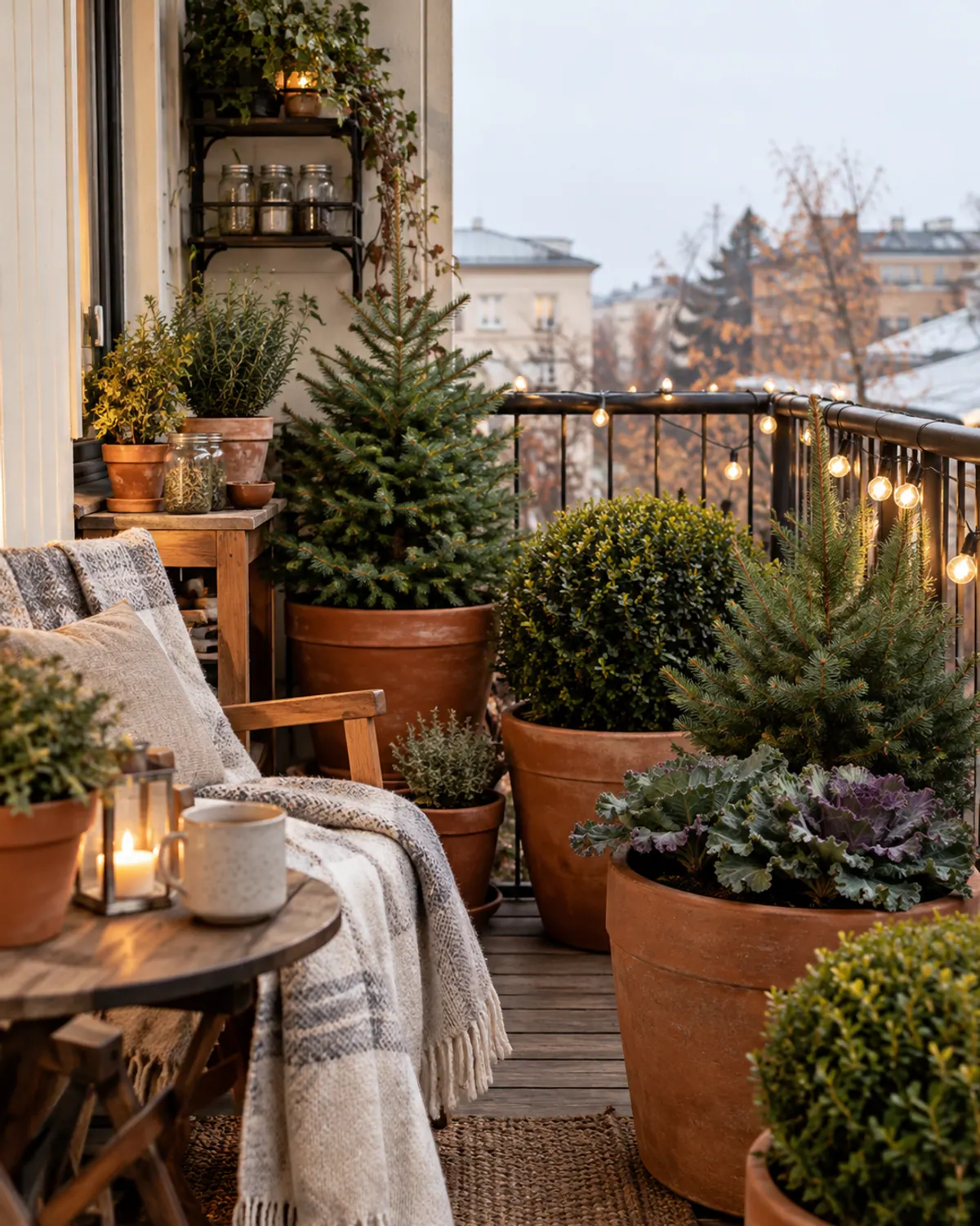 Small apartment balcony in late autumn with frost-proof pots of dwarf evergreens and ornamental kale, a wool throw on a chair and warm string lights
