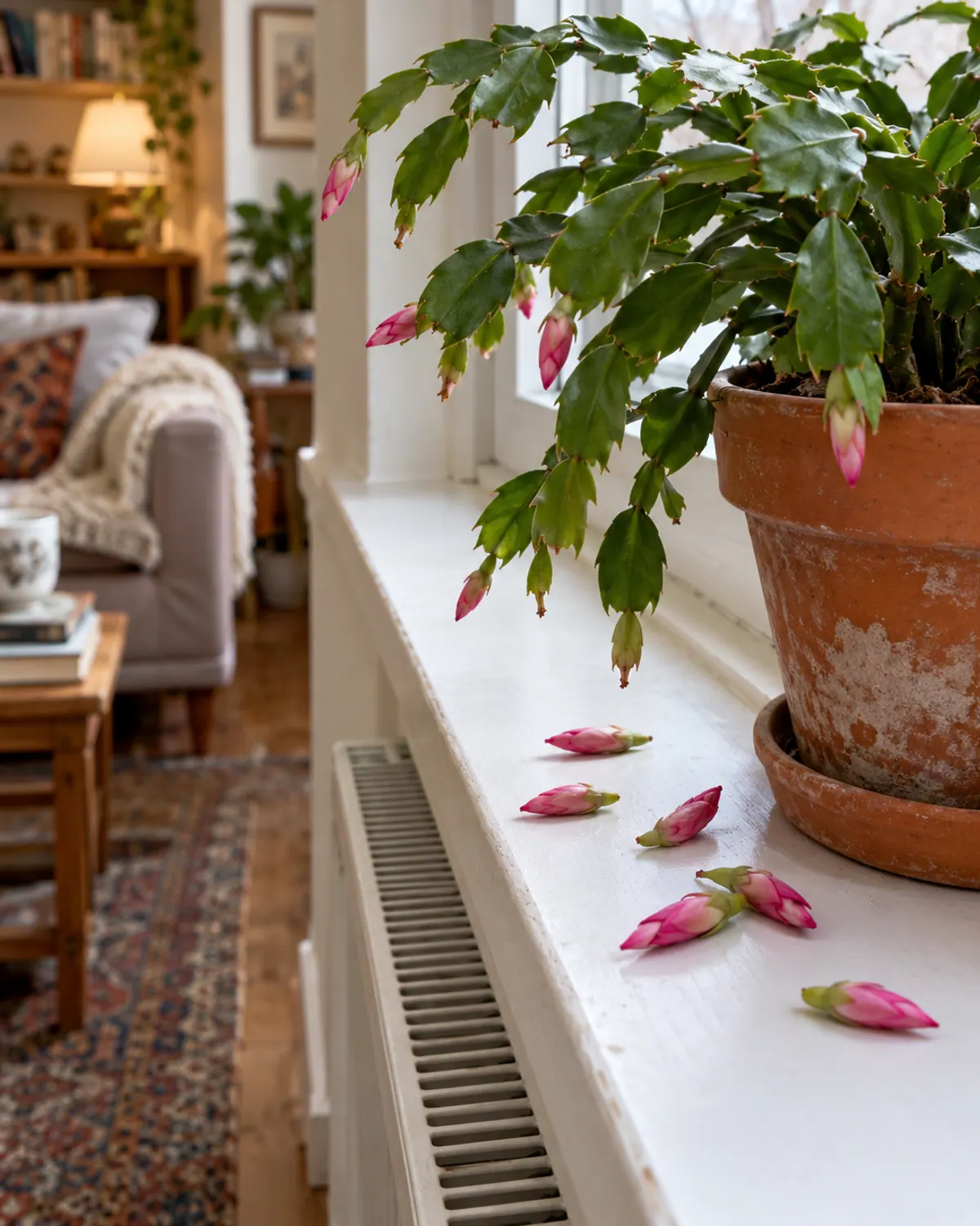 Fallen pink Christmas cactus buds on a windowsill above a heater vent, a common cause of bud drop