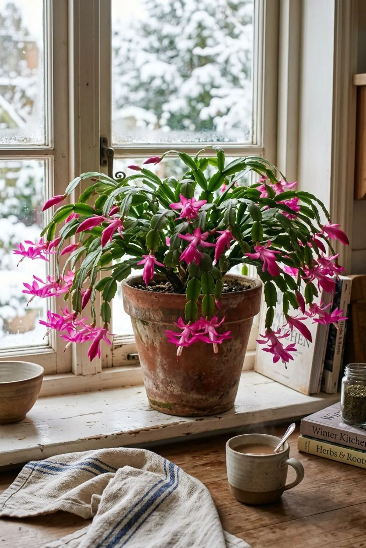 Christmas cactus care result: a Christmas cactus covered in fuchsia flowers in a terracotta pot on a snowy kitchen windowsill