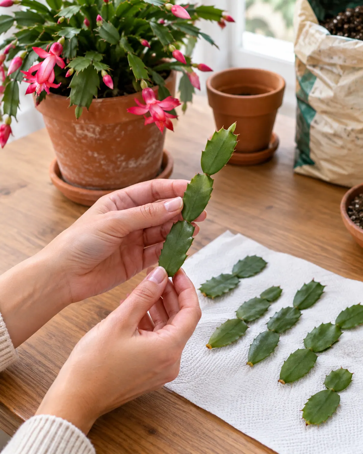 Hands holding a three-segment Christmas cactus cutting, with more cuttings drying on a paper towel on a kitchen table