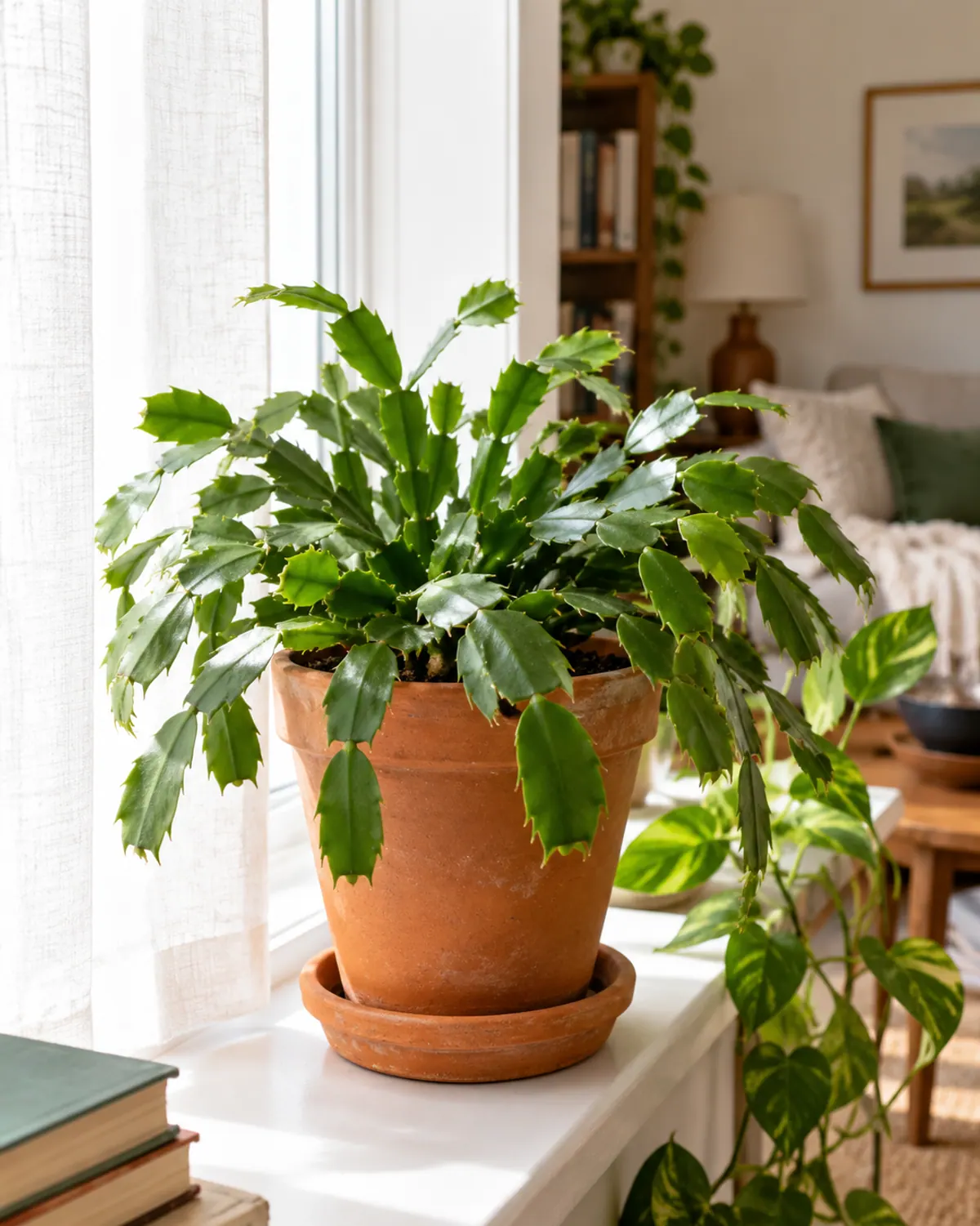 Christmas cactus care by an east-facing window: a green segmented plant in a terracotta pot behind a sheer linen curtain