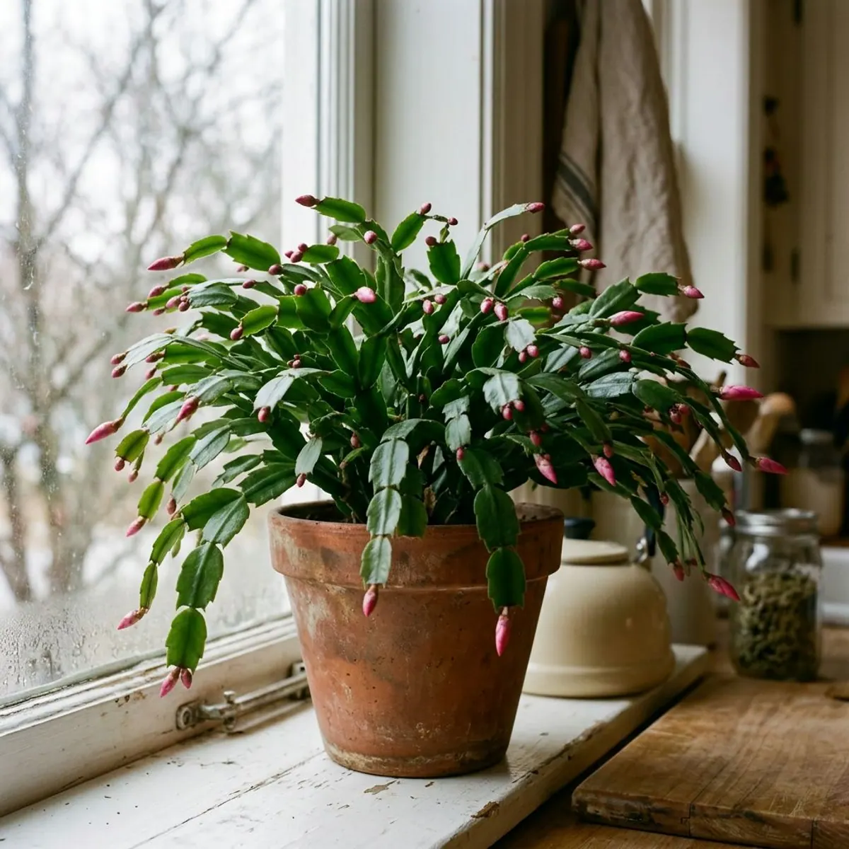 Small pink Christmas cactus flower buds forming at the tips of flat, scalloped stem segments