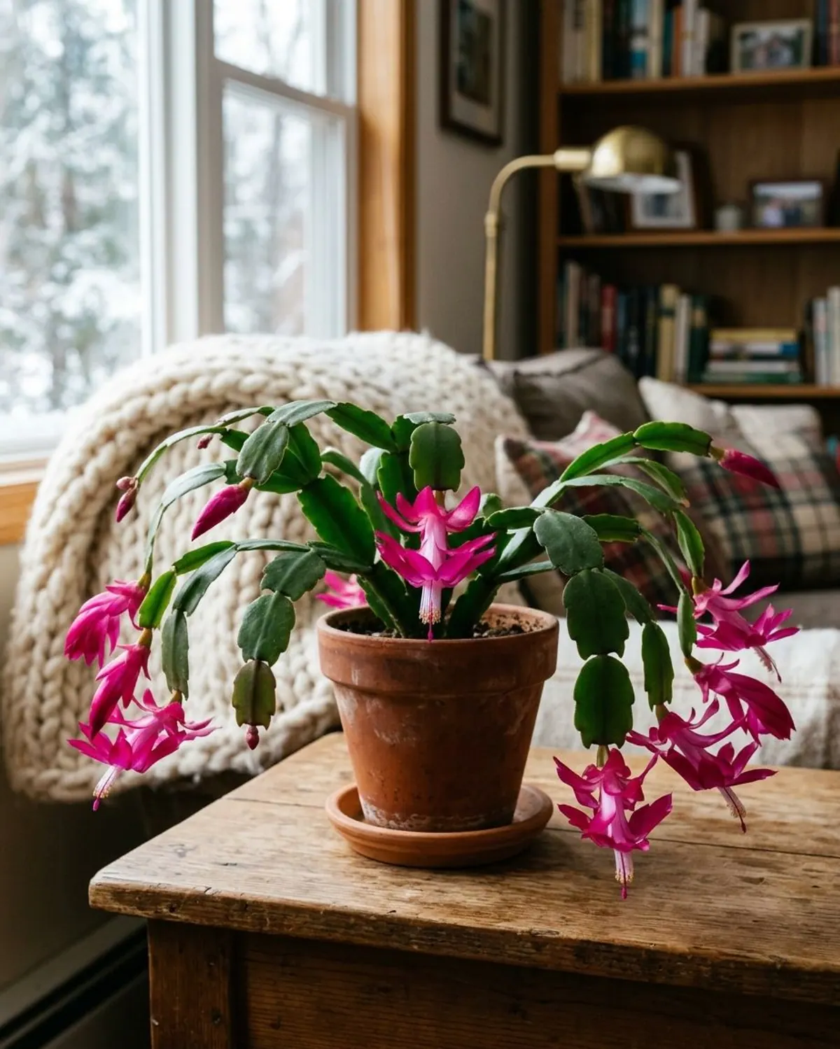 Close-up of Christmas cactus flowers, magenta and tubular, hanging from flat green stem segments with rounded scalloped edges