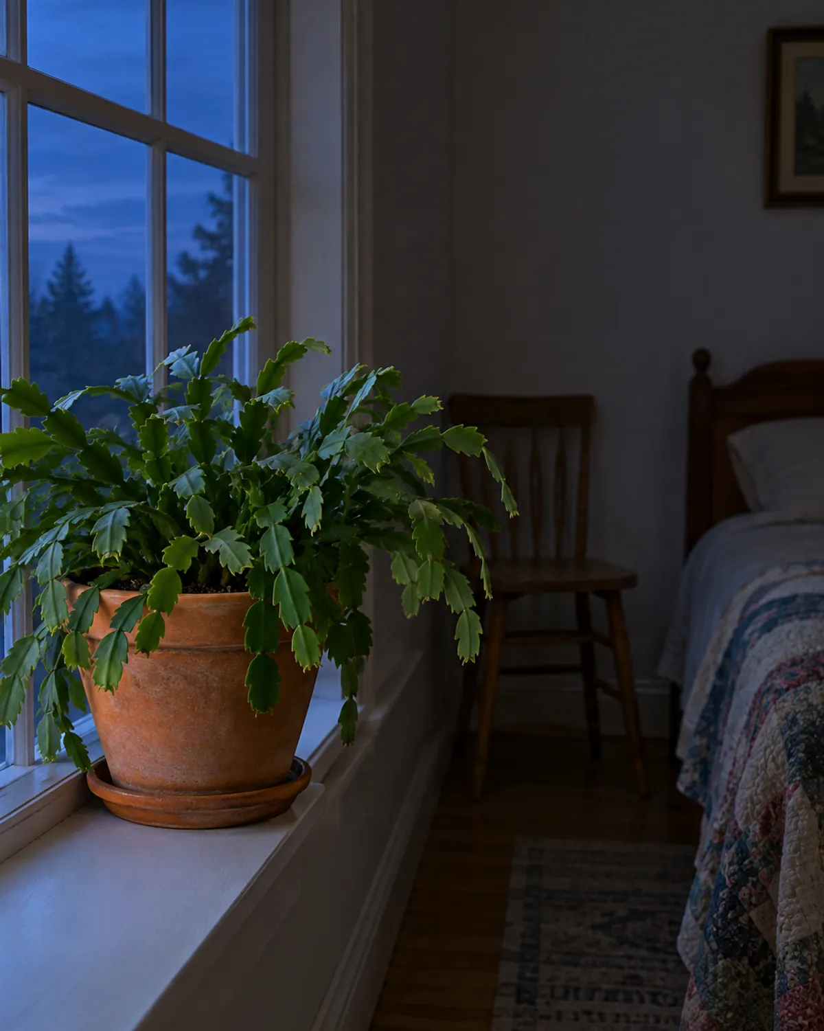 Christmas cactus on the windowsill of a cool, unlit spare bedroom at dusk, getting the long dark nights it needs to bloom