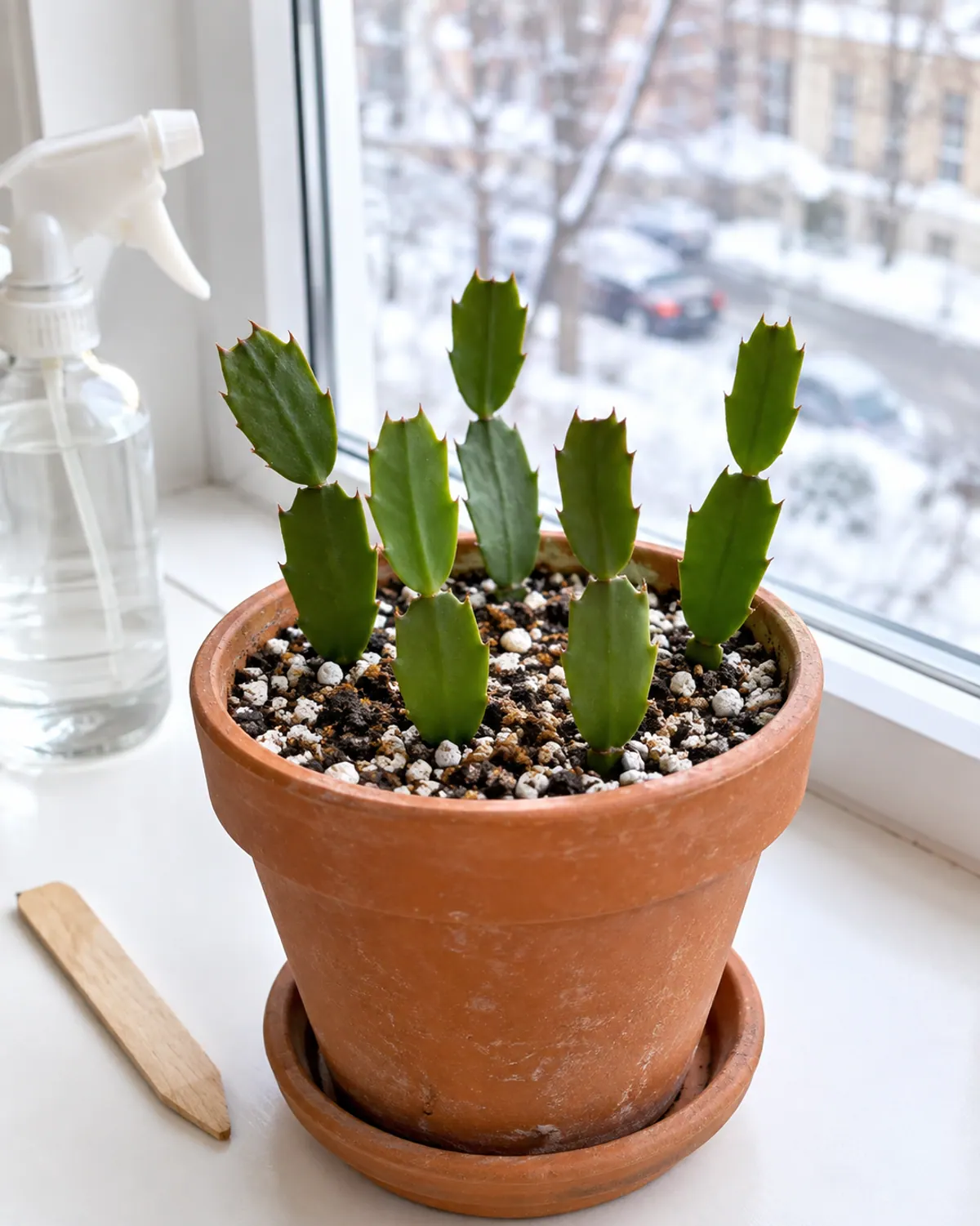 Five Christmas cactus cuttings rooting upright in a small terracotta pot of gritty mix on a bright windowsill