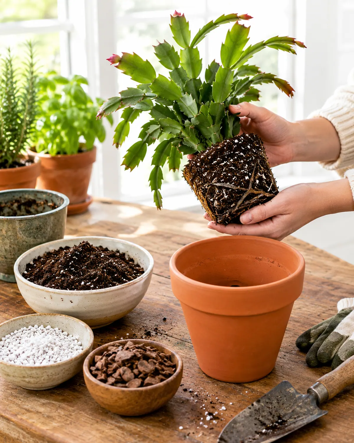 Christmas cactus soil mix of potting mix, perlite and orchid bark in bowls beside a terracotta pot with a drainage hole