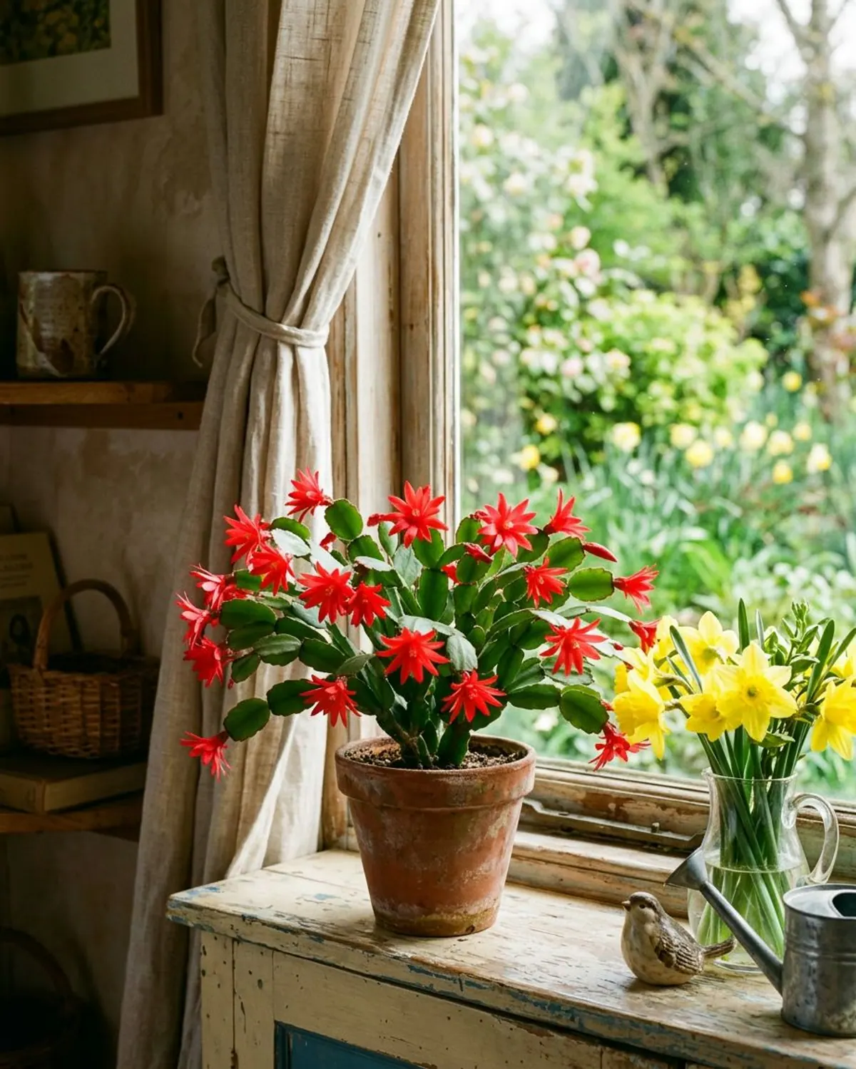 Easter cactus with wide, star-shaped scarlet flowers on rounded stem segments on a spring windowsill