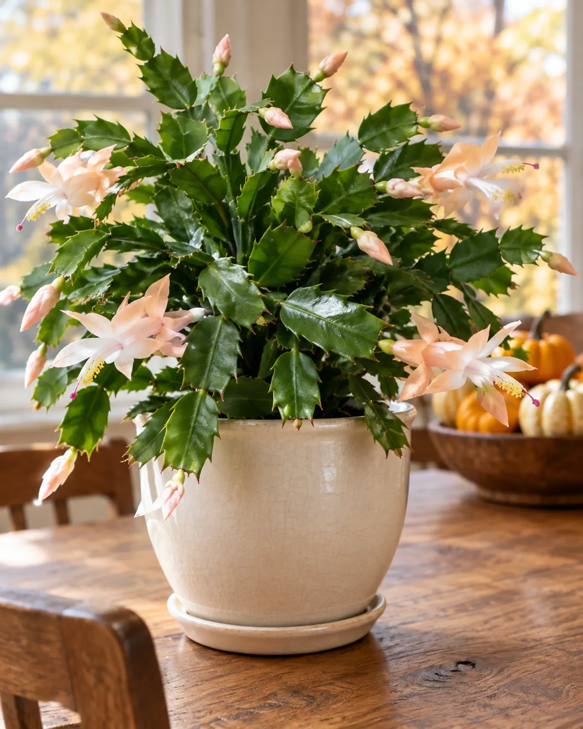 Thanksgiving cactus with pointed, claw-like teeth on its stem segments and pale peach flowers held out sideways