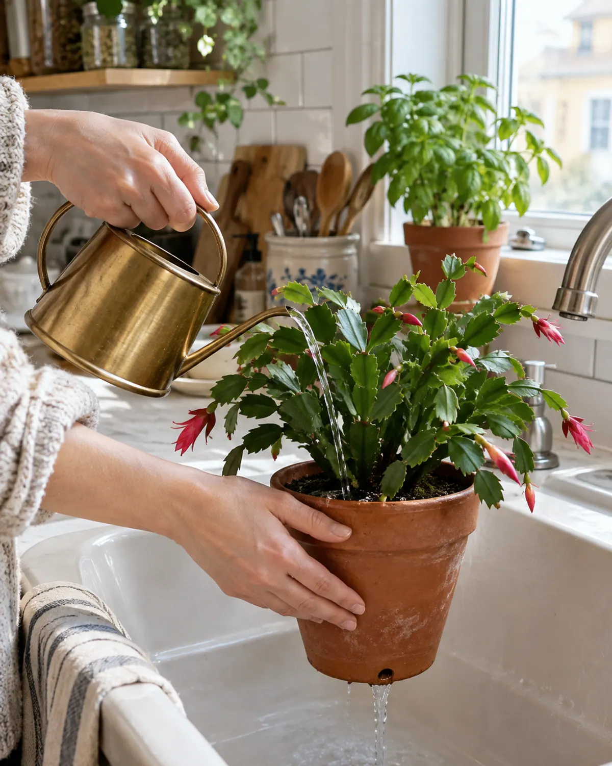 Hands watering a Christmas cactus at the soil line with a small brass can while the terracotta pot drains in a kitchen sink