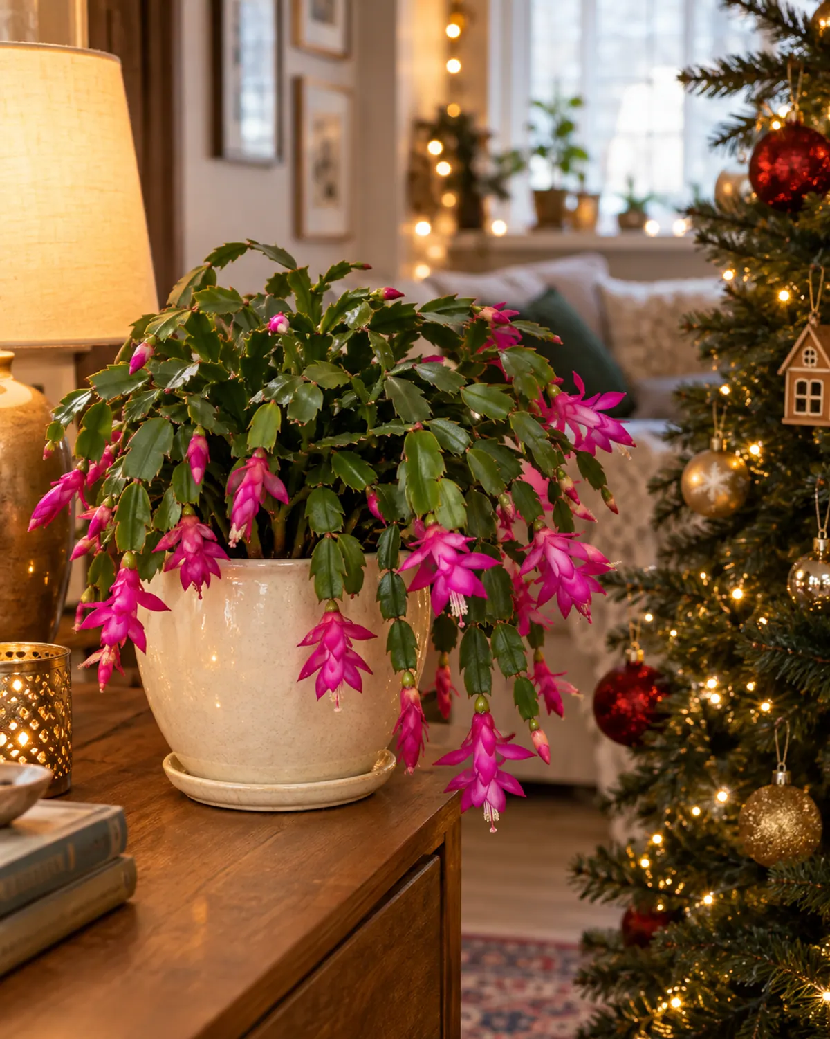 True Christmas cactus in full December bloom in a cream pot beside a decorated Christmas tree, magenta flowers hanging from smooth rounded stem segments
