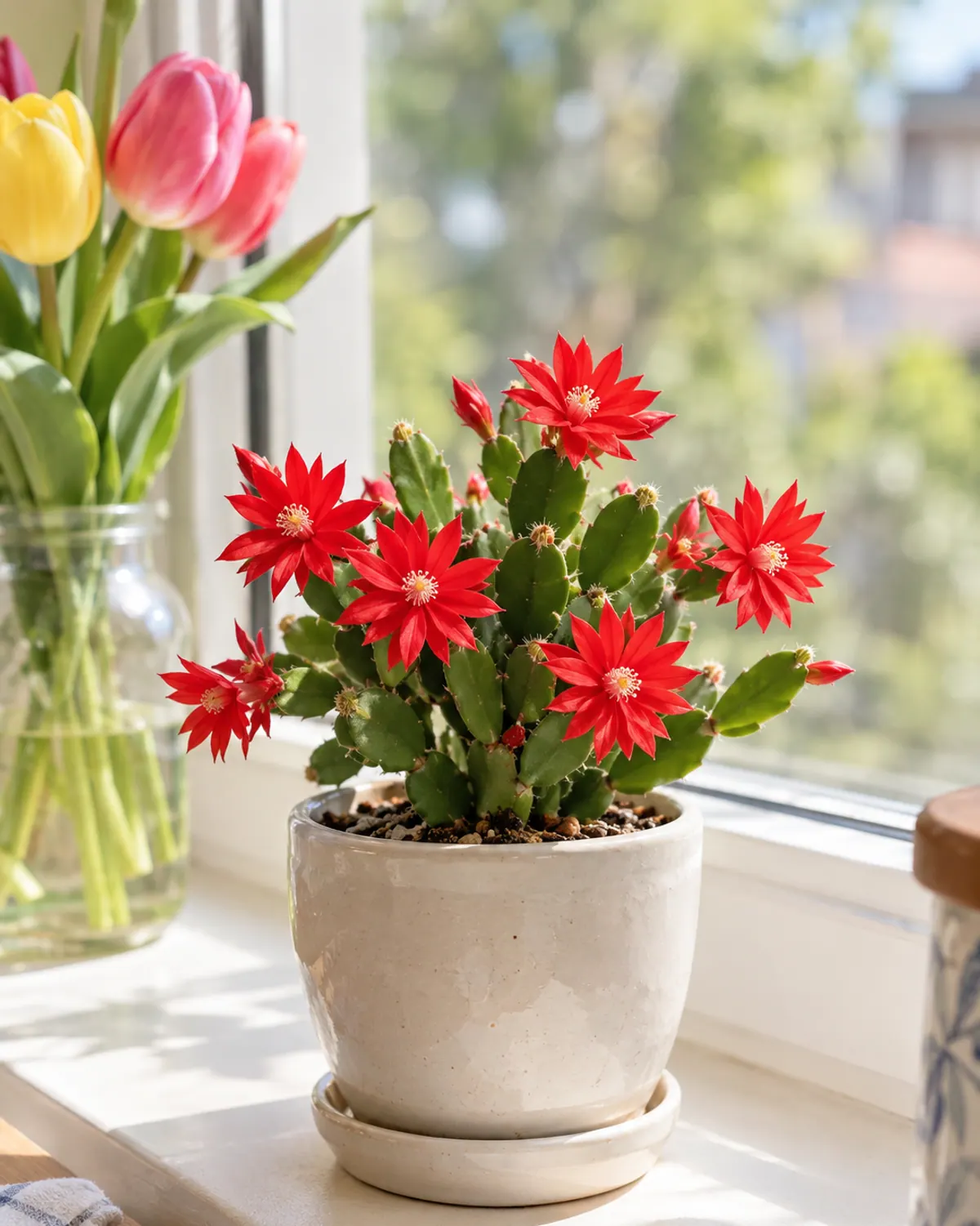 Easter cactus with wide, flat, star-shaped scarlet flowers on short rounded segments on a spring windowsill