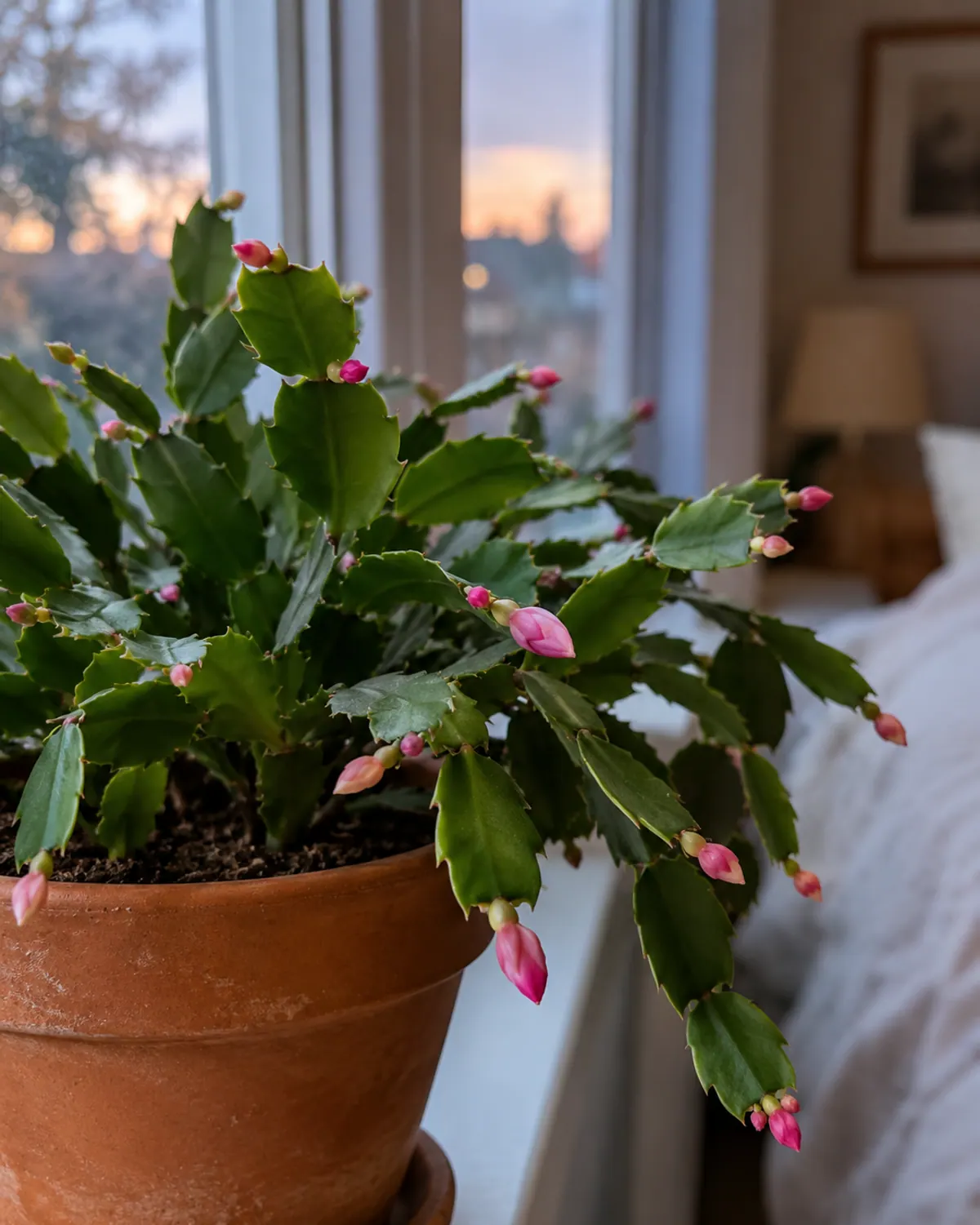 Tiny pink flower buds forming at the tips of holiday cactus stem segments on a cool windowsill at dusk