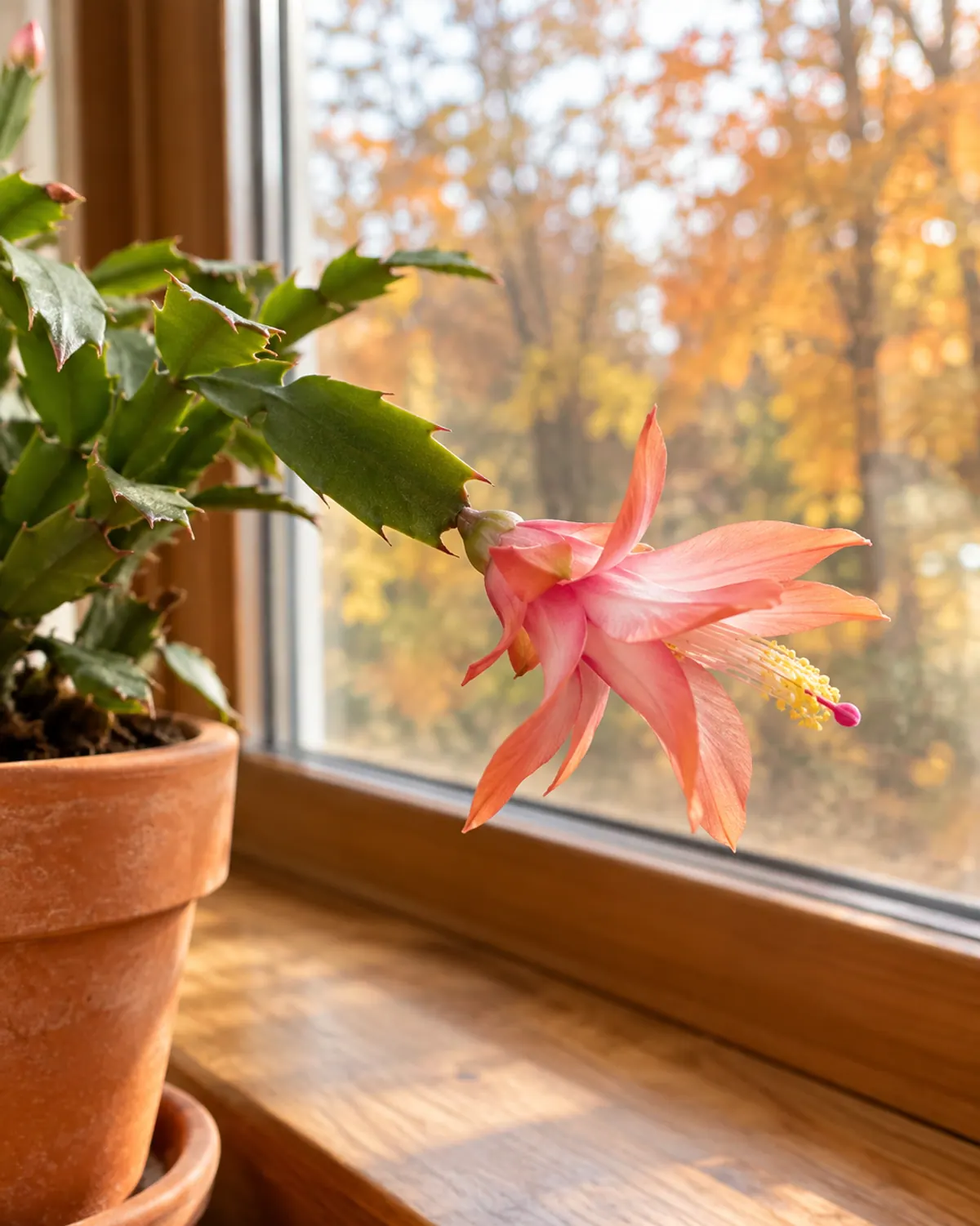 Thanksgiving cactus flower held out sideways from a toothed stem segment, with bright yellow pollen on the anthers