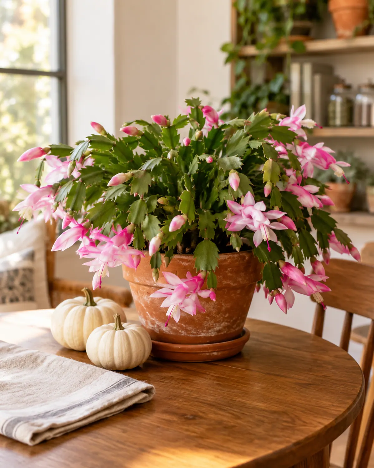 Thanksgiving cactus in full bloom in November on a small dining table with two white pumpkins