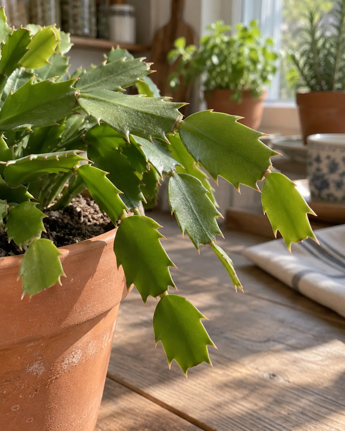 Close-up of Thanksgiving cactus stem segments with sharp, pointed, claw-like teeth along both edges