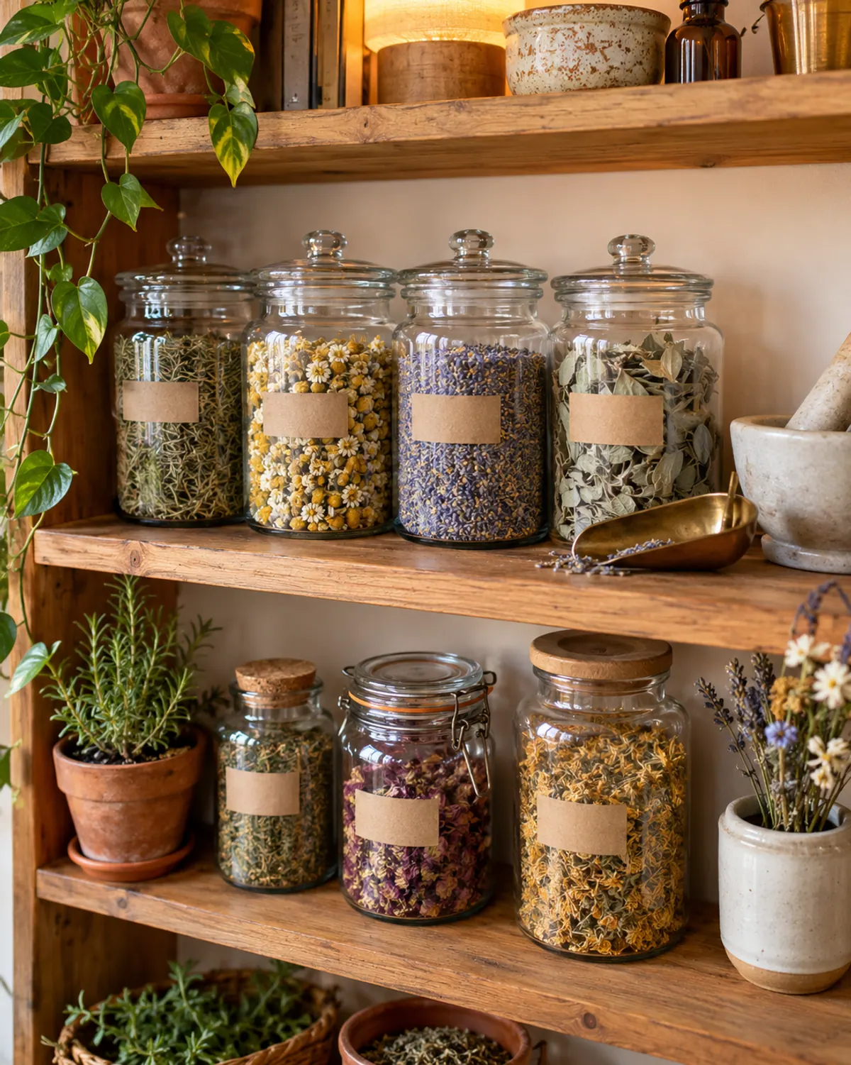 Open kitchen shelf of glass mason jars filled with dried herbs beside small potted herbs in a cottagecore kitchen