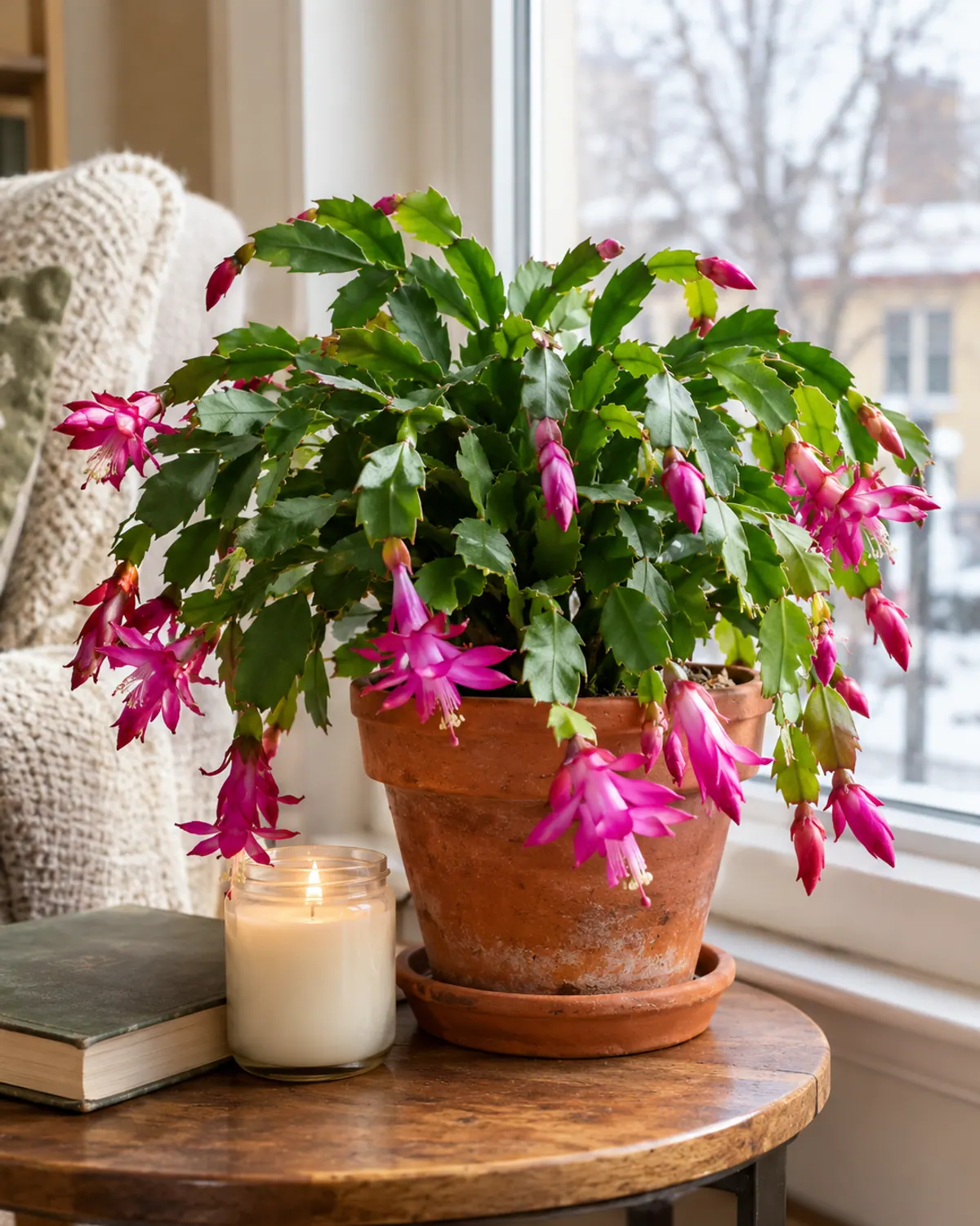Christmas cactus with flat segmented stems and pink blooms in a terracotta pot on a cozy winter side table