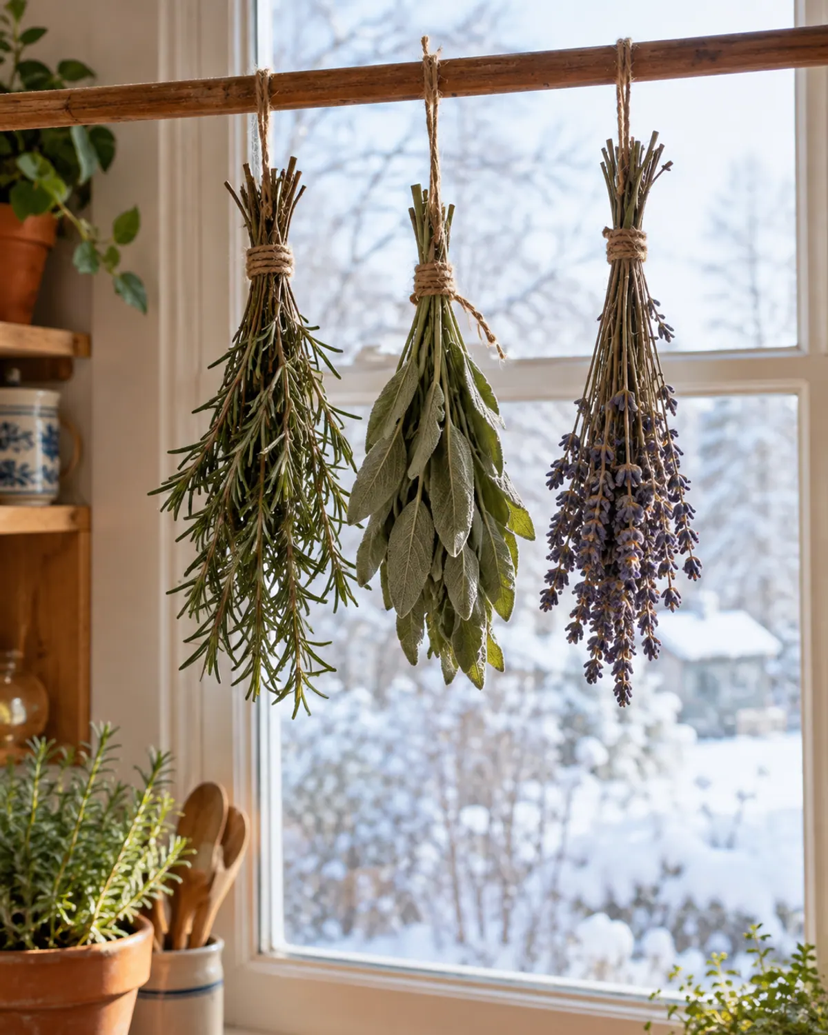 Bundles of rosemary, thyme, lavender and oregano hanging upside down from a curtain rod by a kitchen window