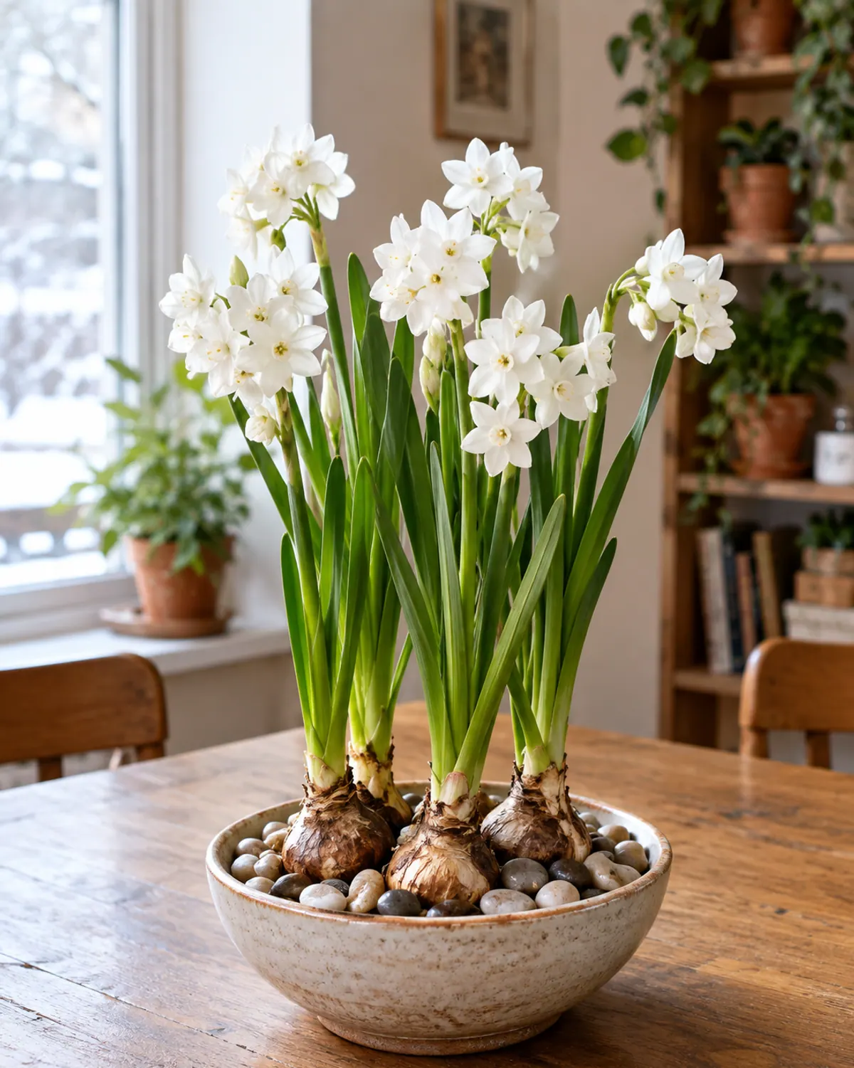 Paperwhite narcissus with white blooms growing from bulbs set in a shallow bowl of gravel and water