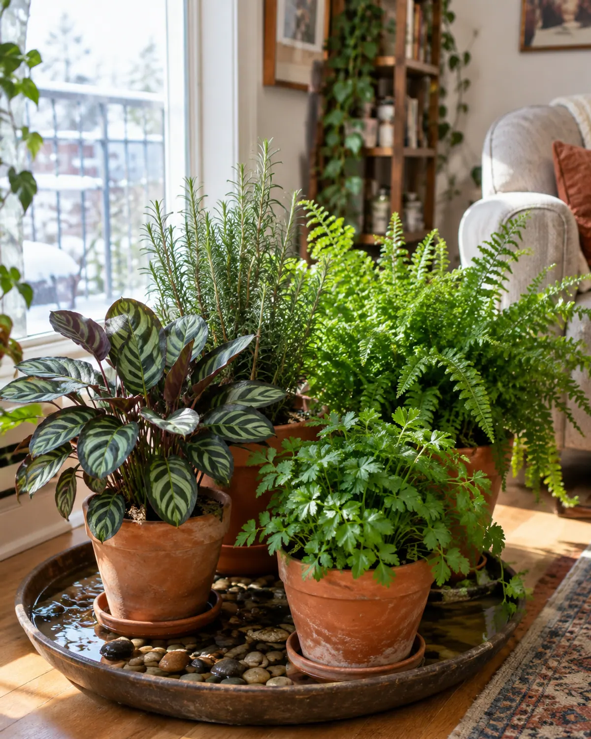 Calathea, rosemary, fern and parsley grouped on a large pebble tray by a bright window in winter