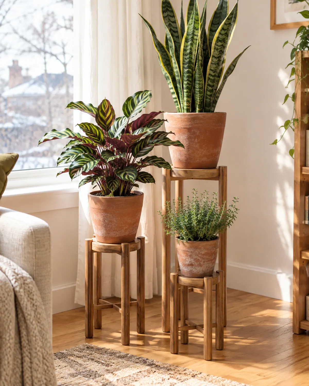 Mid-century wooden plant stand holding potted plants at three heights in a bright winter living room