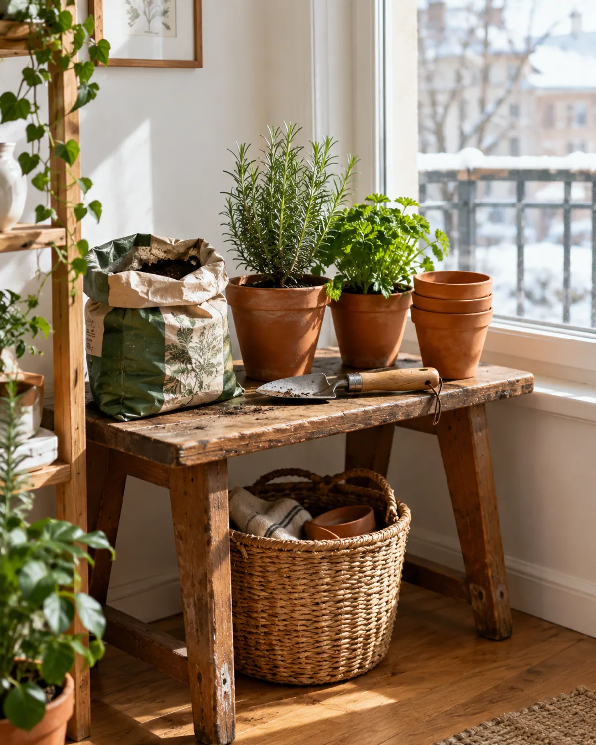 Small vintage wooden bench used as an indoor potting station with terracotta pots, a trowel and potting mix by a winter window