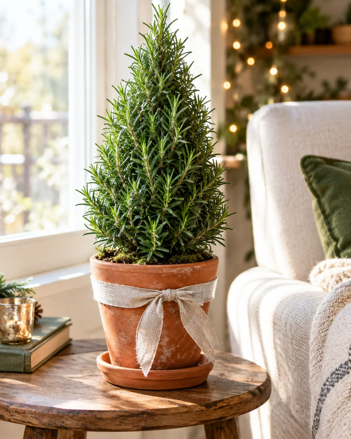 Small rosemary Christmas tree in a terracotta pot on a wooden side table by a bright window