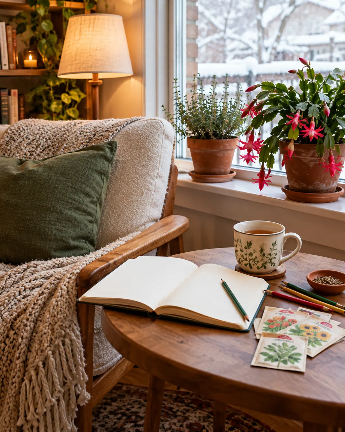 Cozy armchair nook with a seed catalog, notebook, mug and seed packets beside potted herbs on a winter afternoon