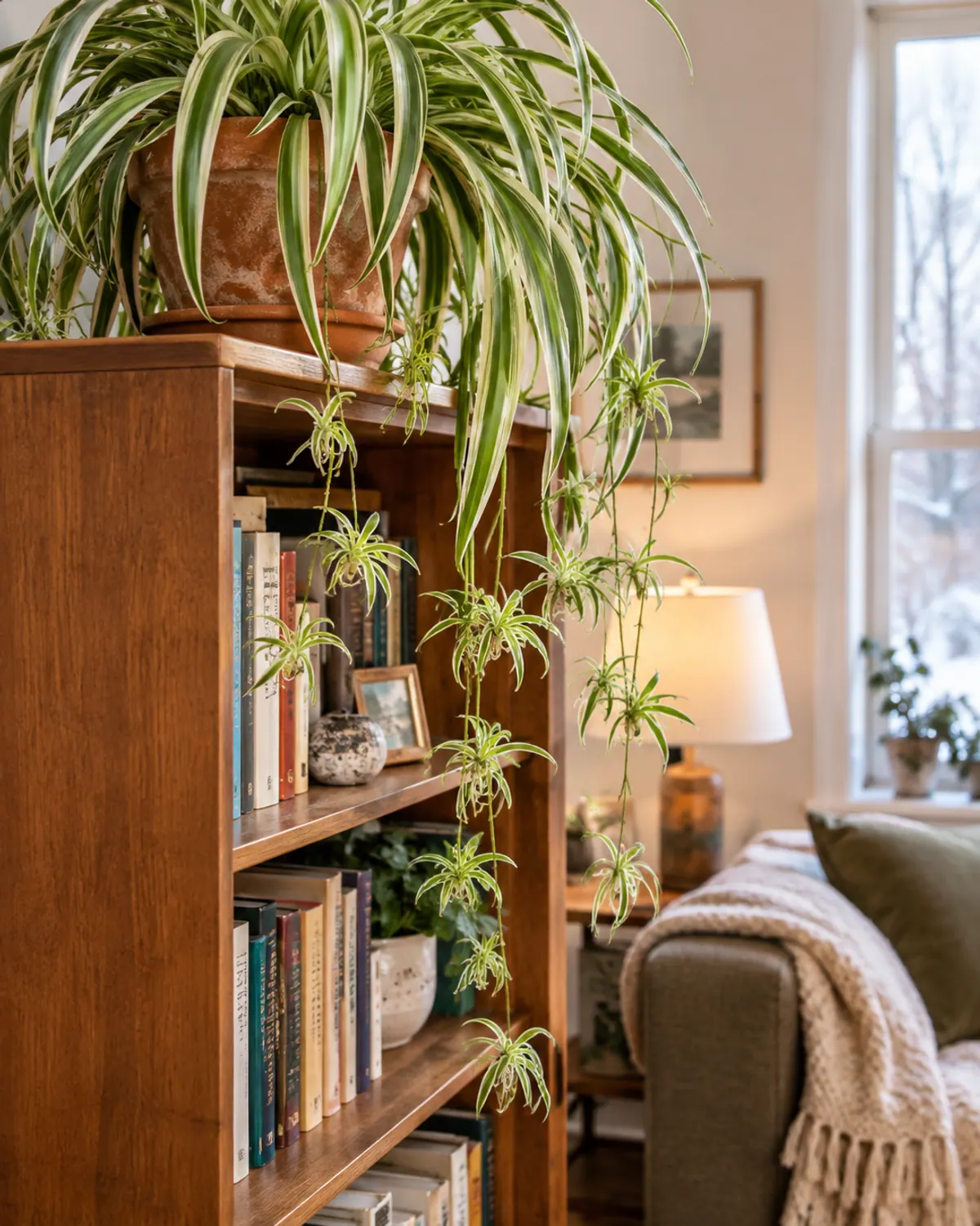 Spider plant with arching striped leaves and small plantlets trailing from a high wooden shelf